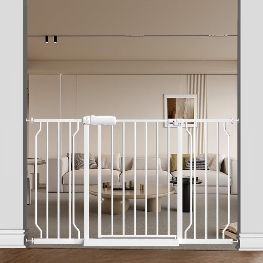 TSAYAWA Walk Through Baby Gate with Door, 48.1-52.7 Inch Wide Presure Mounted No Drill Metal Auto Close Child Gate for Stair Doorway - Indoor Outdoor Safty Gate for Toddler Dog Doggie, White
