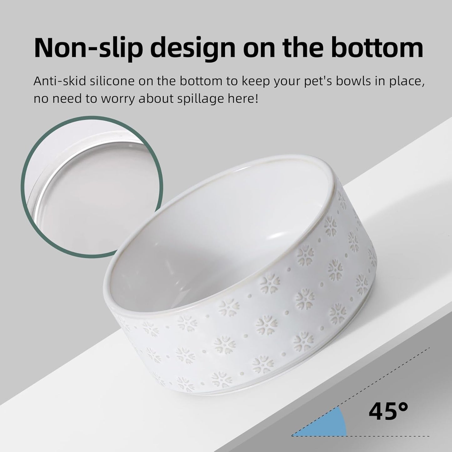 7.3inch Ceramic Raised Dog Bowl Set, Elevated with Acacia Wood Stand, Food and Water Bowl for Medium Breed Dogs, Weighted Dog Dishes, Pet Bowl(41OZ, Arctic White)