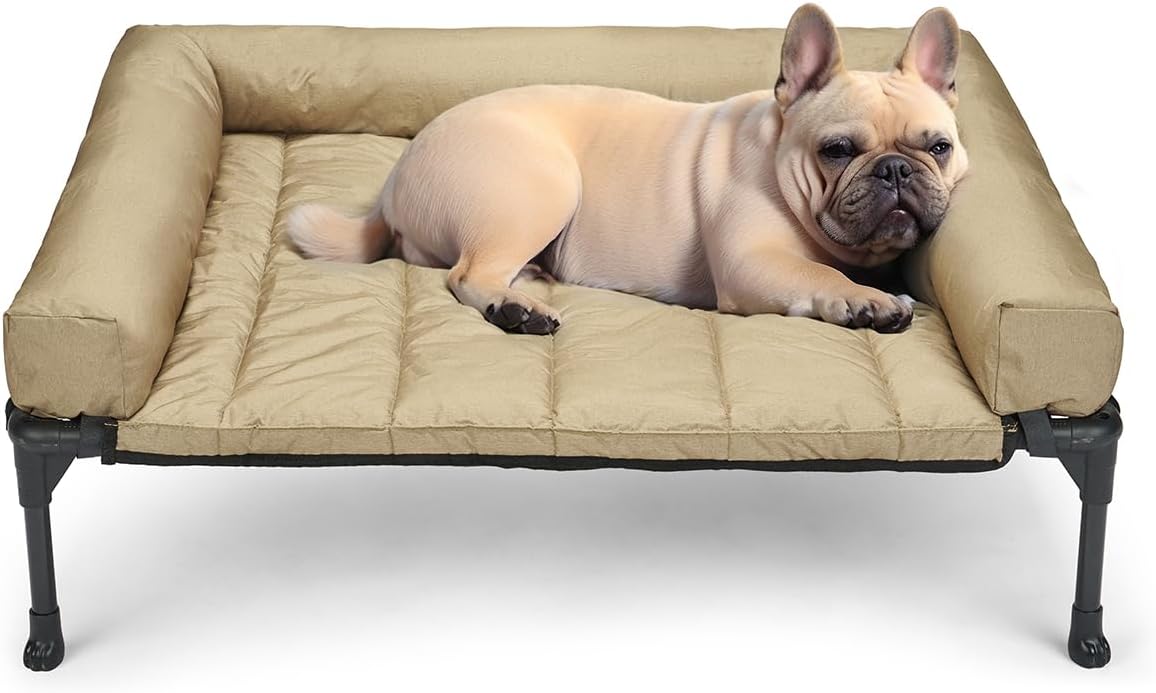 Veehoo Cooling Elevated Dog Bed Add Removable Waterproof Bolster Cushion Mat, Raised Pet Cot with Breathable Teslin Mesh, No-Slip Feet, Dog Couch Bed for Indoor Outdoor, 32x25inches, Beige, CWC2331B
