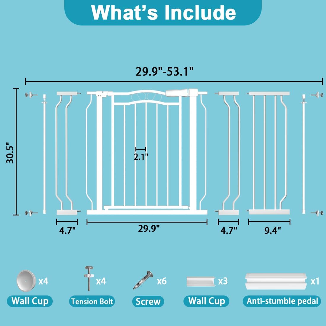 Extra Wide Baby Gate for Doorways 29.9"-53.1", Pressure Mounted Dog Gates With Door, Child Safety Barrier Walk Thru Indoor, Large Babygate Long for Kids Toddler Pet Outside, 30 In Tall White
