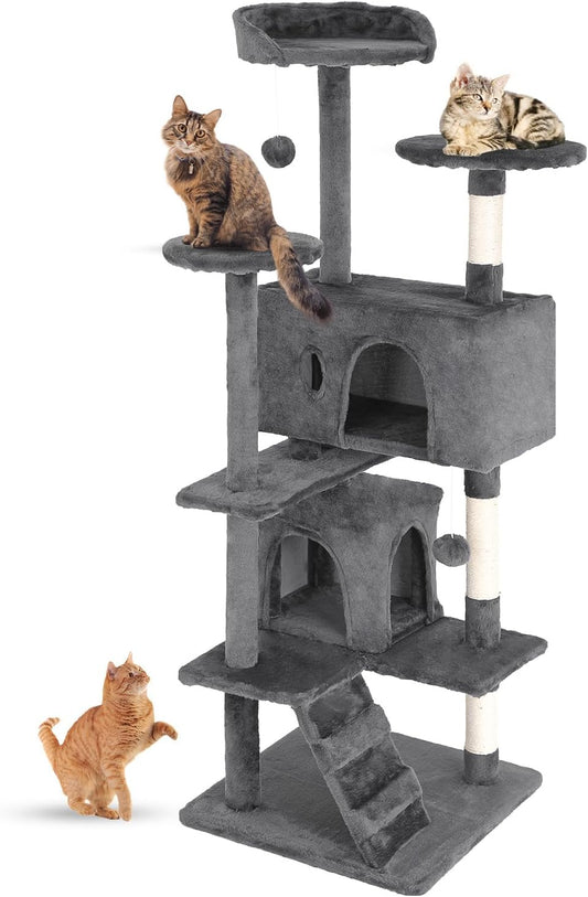 FDW Cat Tree 54in Cat Tower Multi-Level Durable Cat Scratching Post & Cozy Fun Cat Jumping Platform Space Saving Cat Condo Pet Play House for Indoor Cats,Light Gray