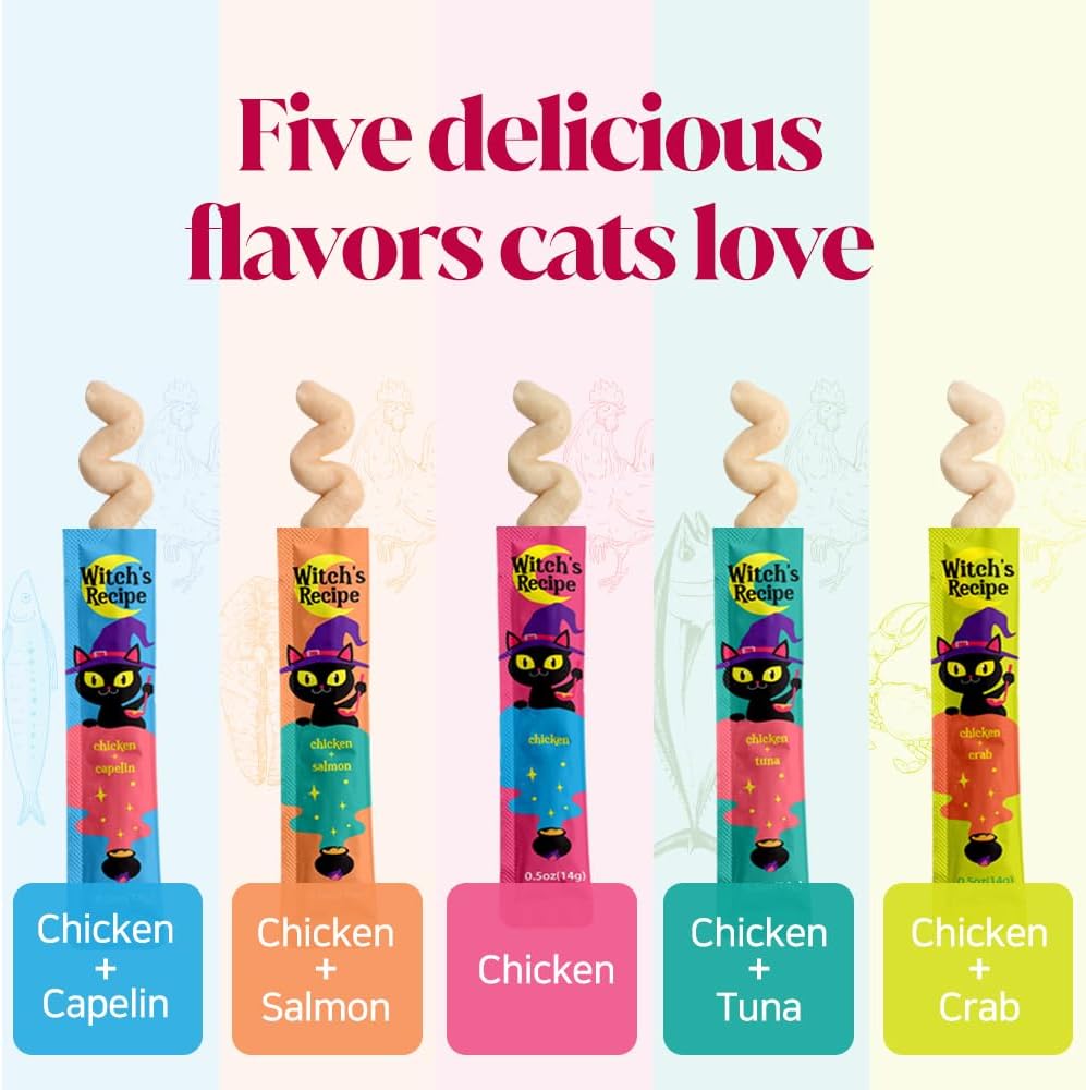 Witch's Recipe Lickable Cat Treats, Creamy Squeezable Puree, Grain-Free, 100 Tubes, Chicken Tuna Salmon goatmilk Capelin Flavors 0.5oz Each Tube