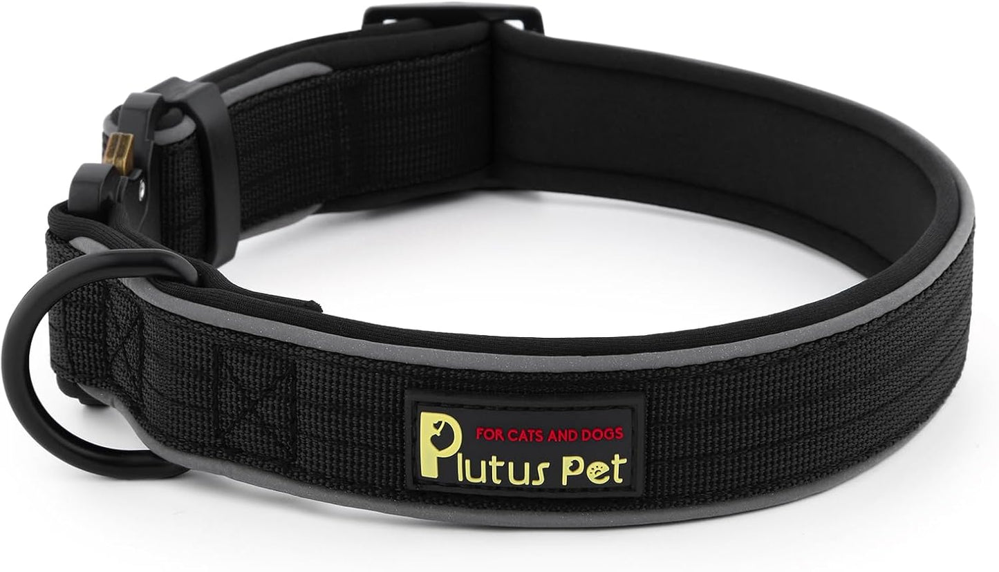 Plutus Pet Tactical Dog Collar, Reflective, Adjustable Heavy Duty Dog Collar, Soft Padded and Comfortable, for Small Medium and Large Dogs (Black, L)