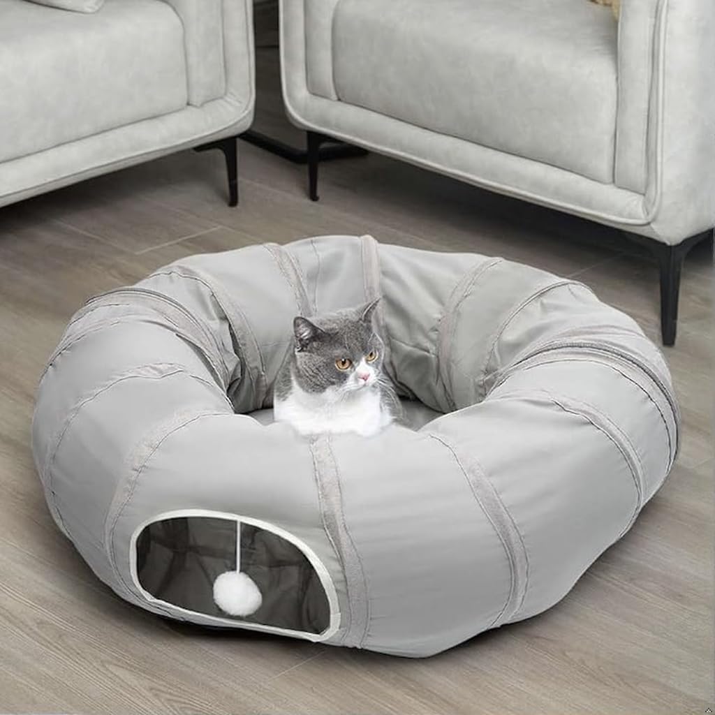 AUOON Cat Play Tunnel - Round Cat Tunnel with Bed | Interactive Cat Toys for Indoor Cats Kitten Kitty Puppy Rabbit Ferret (Light Grey)