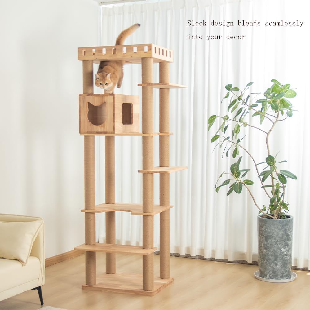 74" Wooden Cat Tree Tower for Large Cats, Multi-Level Cat Climbing Furniture with Scratching Posts, Cat Condo & Hammock, Natural Wood Cat Activity Center(Brown)