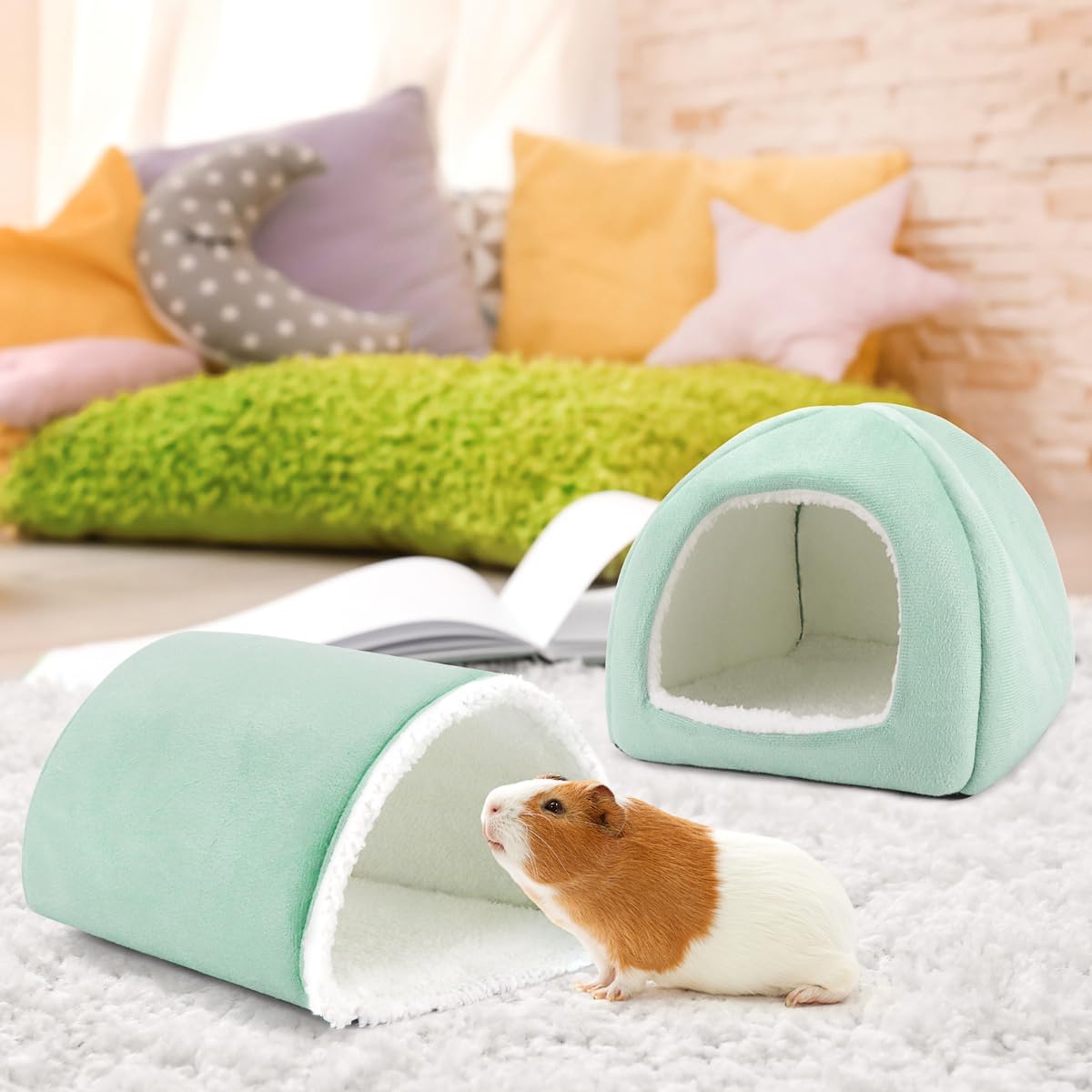 Guinea Pig Hideout and Tunnel Set, Soft Plush Bed & Play Tunnel for Guinea Pigs, Rabbits, Ferrets, Small Animals - Washable Accessories for Resting, Hiding, Exercising