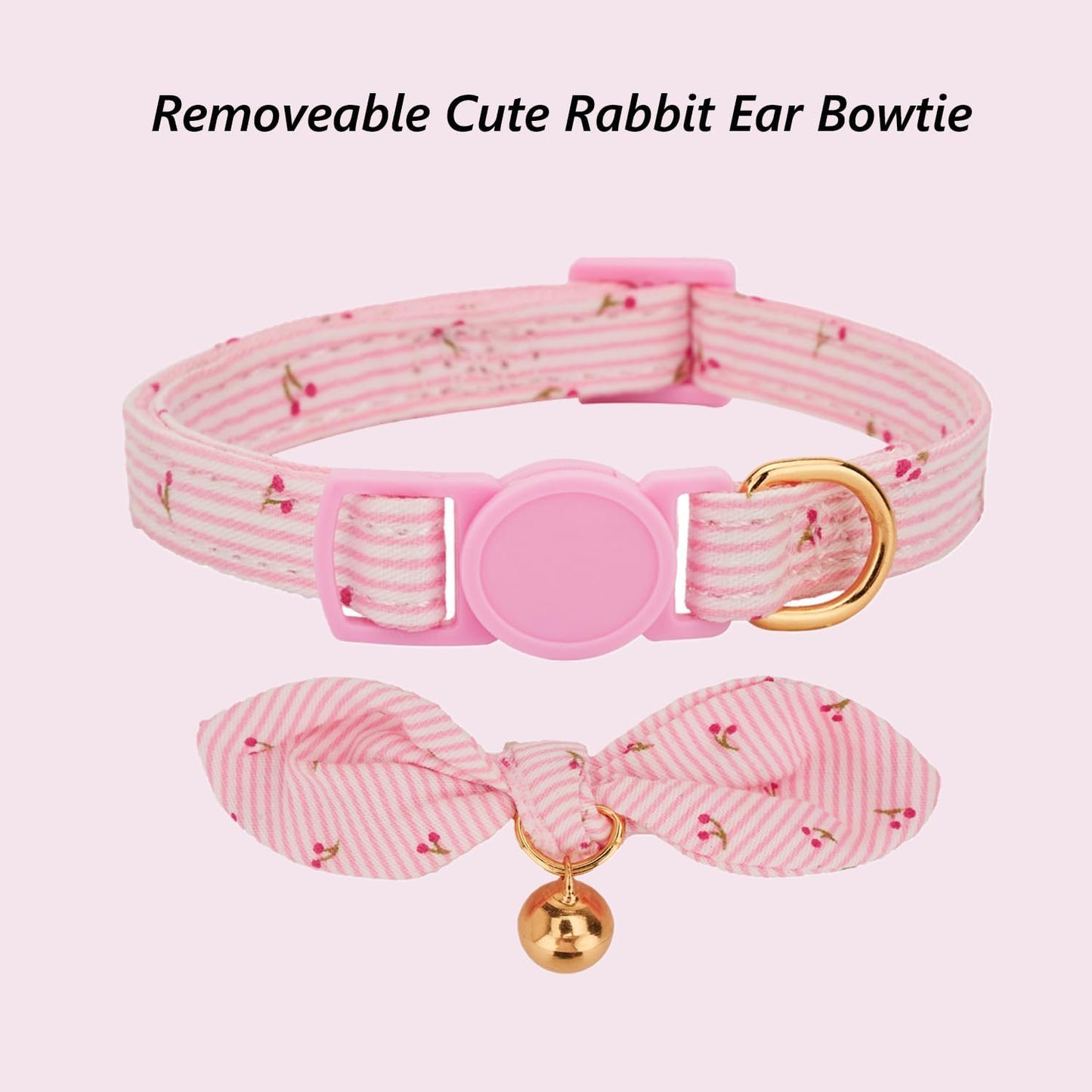 2 Pack Breakaway Cotton Cat Collars with Cute Bunny Ear Bowtie and Bell, Pink Floral Female Kitten Collars
