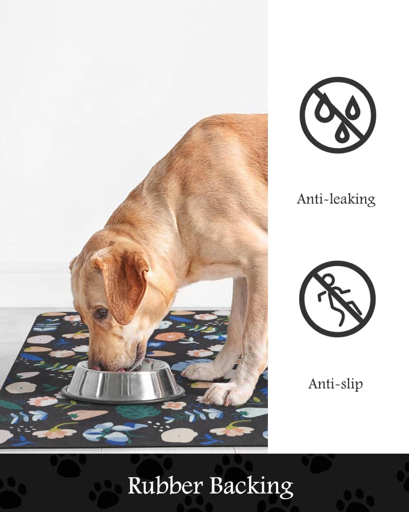 Pet Feeding Mat-Absorbent Dog Mat for Food and Water Bowl-No Stains Quick Dry Water Dispenser Mat-Dog Accessories Pet Supplies-Bowl for Messy Drinkers（DARKFLOWERS,16"x24"