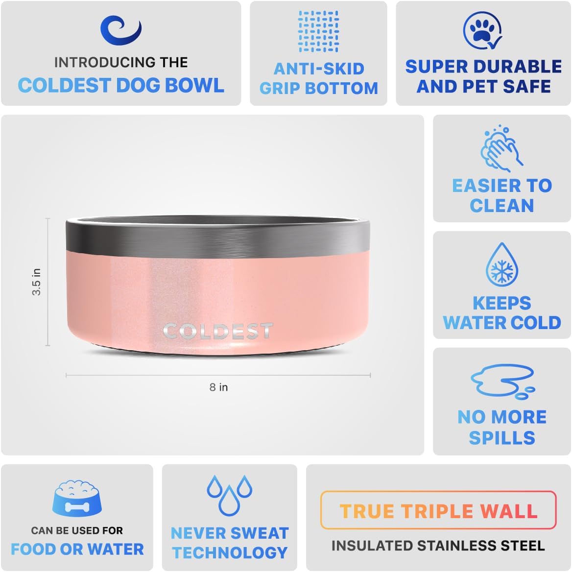 Coldest Dog Bowl - Anti Rust Metal, Non Slip, 3 Layers Insulated Stainless Steel Dog Bowls - Spill Proof & Heavy Duty - Water Bowl for Dogs, Cats & Pets, Dish Washer Safe (64 oz, Forever Pink Glitter)