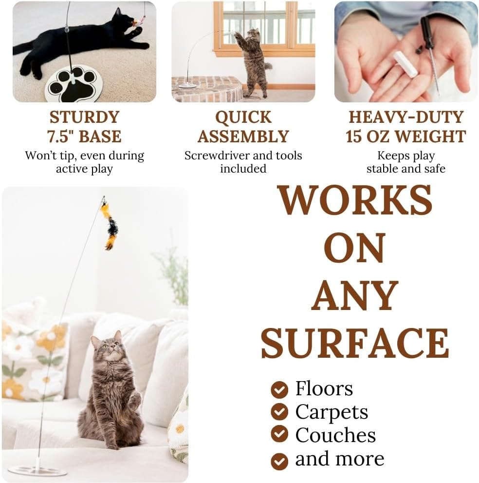 Cat Wand Toy with Round Base – Interactive Feather & Glow-in-The-Dark Octopus Attachments – Suction Cup Cat Toy for Indoor Cats & Kittens