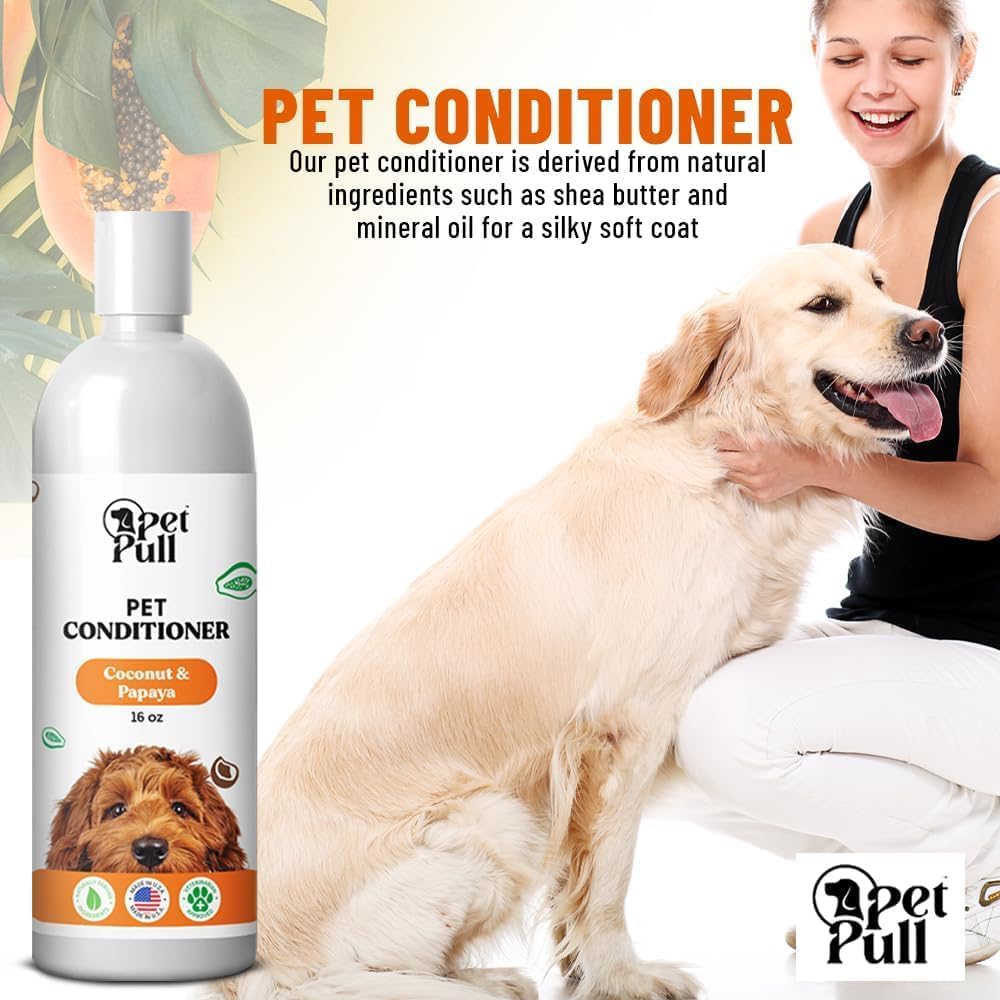 Dog Conditioner Puppy Essentials - Moisturizing Conditioner for Dogs with Coconut and Papaya Scent - Plant Based Dog Bath Supplies Detangle and Revive Pet's Coat - Made in USA (16 Oz)