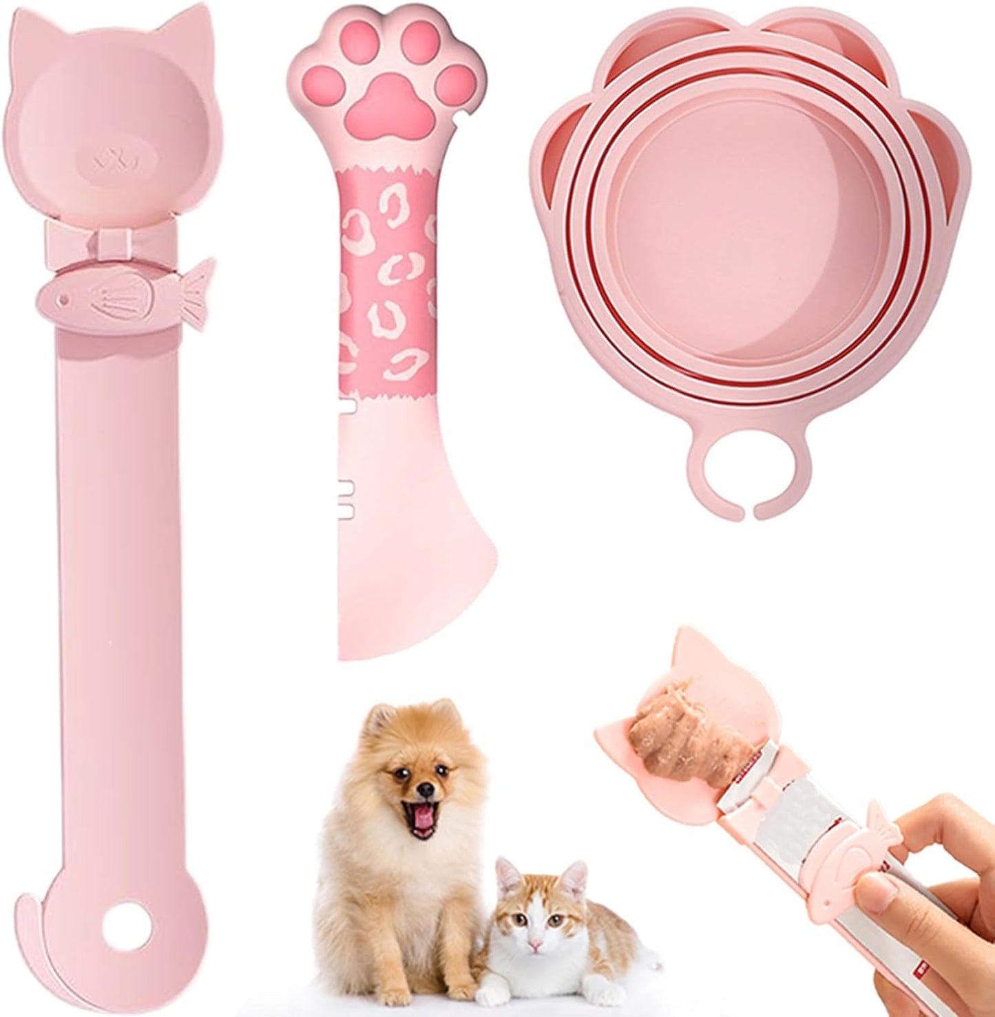PETPAWLOVELY-Cat&Dog Food Can Covers Lids,Silicone Cat Food Spatula or Can Opener,Cat Treat Spoon.Multi-Function Cat Treat Dispenser Spoon,1 Lid&2 Spoon for Wet Food(Pink)