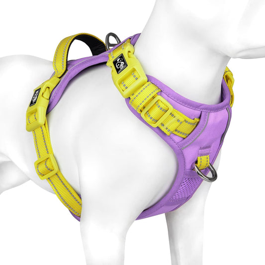 PHOEPET No Pull Dog Harness, Unique Colors Reflective Adjustable Dog Vest, with Soft Training Handle Metal Clips for Small Medium Large Dogs (Baby Purple Base & Yellow Straps,XL)