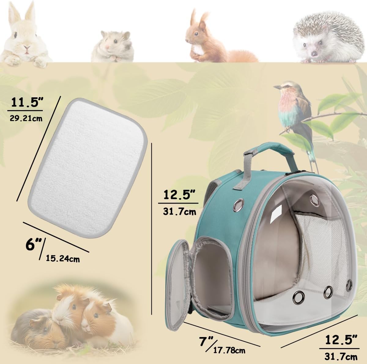 Guinea Pig Backpack Carrier, Bearded Dragon Carrier Backpack with Clear Bubble Window,Small Animal Travel Backpack for Hedgehog Rat，Chameleon,Rabbit,Sugar Glider,Airline Approved (Green, Backpack)