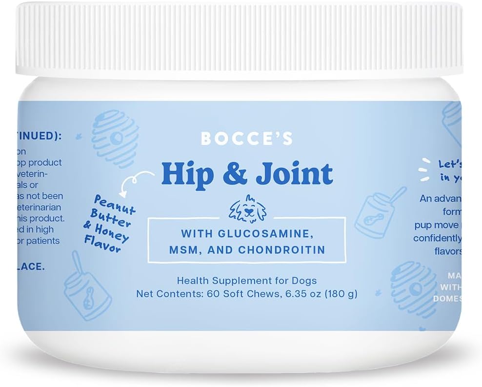 Bocce's Bakery Hip & Joint Supplement for Dogs, Daily Chews Made in The USA with Glucosamine, MSM, and Chondroitin, Supports Healthy Joints, Peanut Butter & Honey, 60 ct