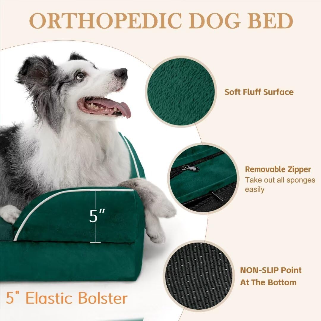 Comfort Expression XL Orthopedic Dog Beds, Waterproof Extra Large Dog Beds with Bolster, Washable Pet Sofa Couch with Removable Cover & Non-Slip Bottom(X-Large,Emerald)