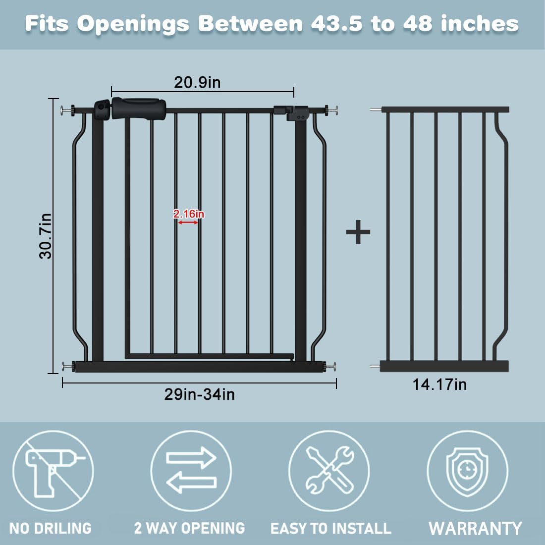 Walk Through Black Baby Gate 43.5-48 Inch Wide, Pressure Mounted Safety With Door No Drill, Tension Metal for Dog Cat and Toddler