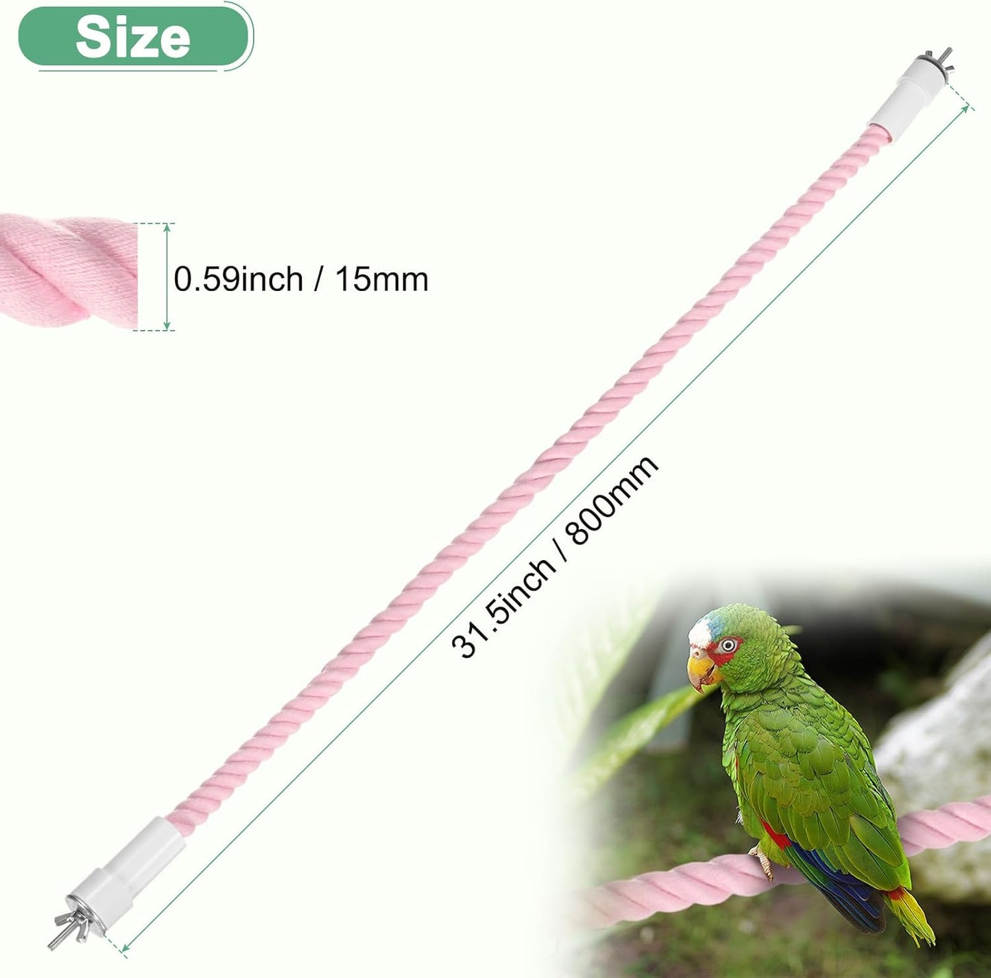 1-Pack Rope Perches for Bird Cages, 31.5 in Length Comfort Grip Flexible Rope Perch Beak & Paw Grinding for Parrots/Cockatiels/Parakeets, Bird Platform Sand [Pink]