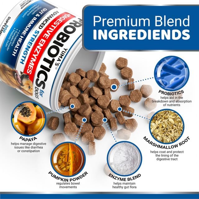 Probiotics for Dogs and Digestive Enzymes - 170 Dog Probiotics Chews - Dog Probiotic - Anti Diarrhea, Upset Stomach & Gas Relief, Canine Prebiotic - Pet Fiber Supplement - Bacon Flavor