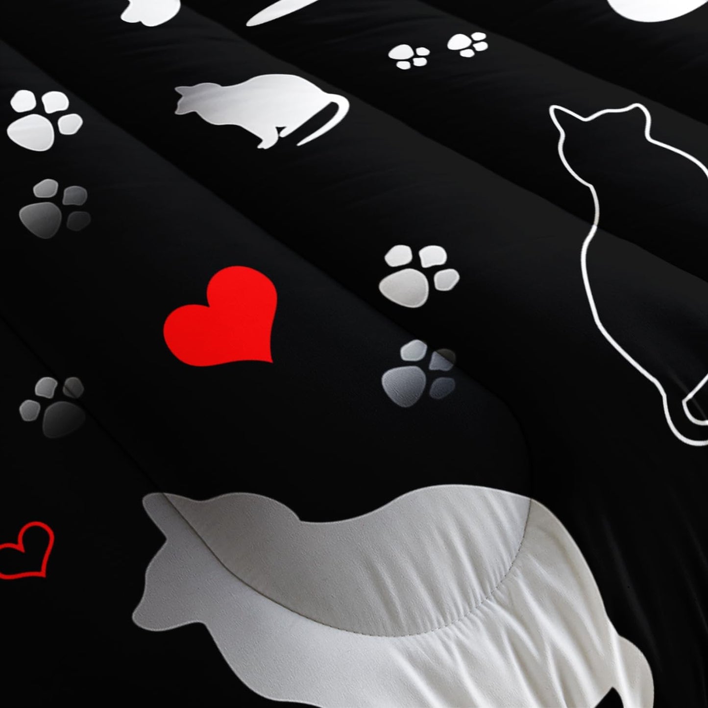 Kawaii Cat Animal Themed Comforter Set 3Pcs Queen Black White Pet Cat Bedding Set for Kid Teen Girl Boy Adult Room Decor Cartoon Cat Paw Heart Pattern Quilt with 1 Comforter and 2 Pillowcases