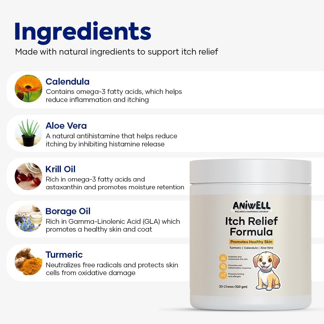 Itch Relief Formula for Dogs – Vitamin E & Borage Oil Supplement – Packed with Beneficial Fatty Acids for Healthy Skin – Seasonal Allergies Support Chews | Pack of 3