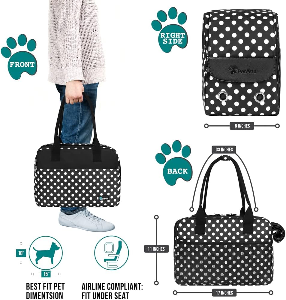 PetAmi Dog Purse Carrier for Small Dogs, Airline Approved Soft Sided Pet Carrier with Pockets, Ventilated Dog Carrying Bag for Puppy Cat, Dog Travel Supplies Bag, Sherpa Bed, Max 12 lbs, Polka Dot