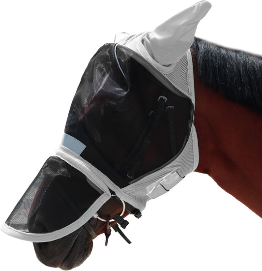 Luminous Horse Fly Mask with Long Nose, Ears, Full Face & Eye Protection - Full Mesh, Detachable Nose Cover, Fleece Padded Edging, Hook-and-Loop Straps with Webbing, Hanging Straps Grey