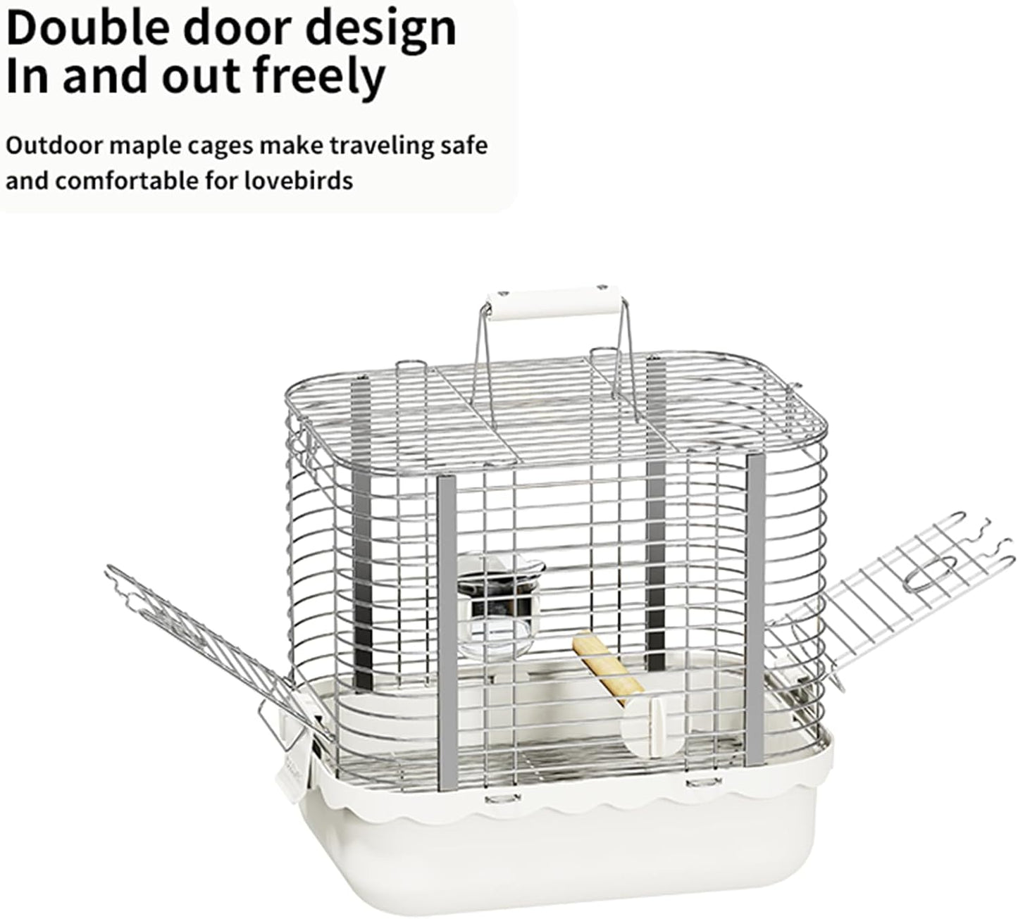 Bird Carrier Travel Cage, Durable Portable Stainless Steel Birdcage with Bird Perch & Feeding Bowl for Parrots Canaries Budgies Lovebirds Conures Cockatiels (Small White)