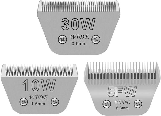3PCS Wide Blades for Dog Grooming Blades Compatible with Andis,Oster A5,Wahl km10 Dog Clippers Stainless Steel Blades Blades for Animal Dog,Cat,Horse,Silver Size #10W+30W+5FW