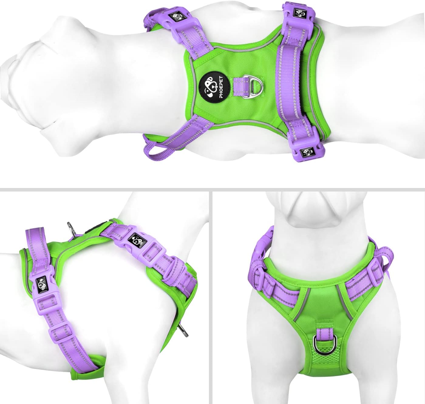 PHOEPET No Pull Dog Harness, Unique Colors Reflective Adjustable Dog Vest, with Soft Training Handle Metal Clips for Small Medium Large Dogs (Green Base & Purple Straps,L)