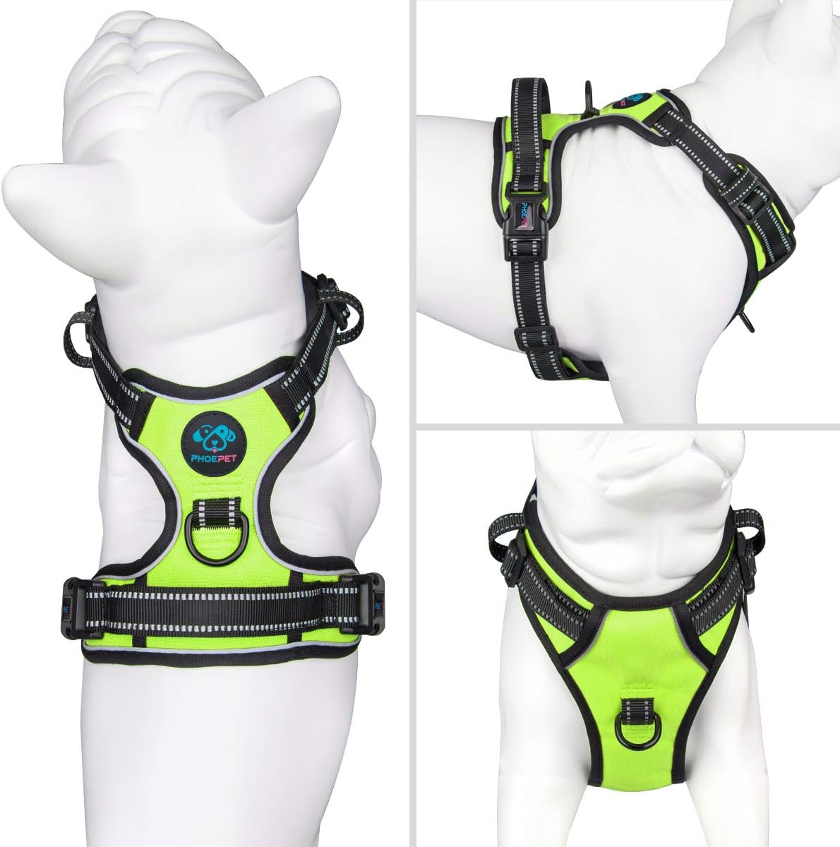 PHOEPET Reflective Dog Harness No Pull Large Breed Vest with 2 Metal Leash Attachment Hooks(L, Green)