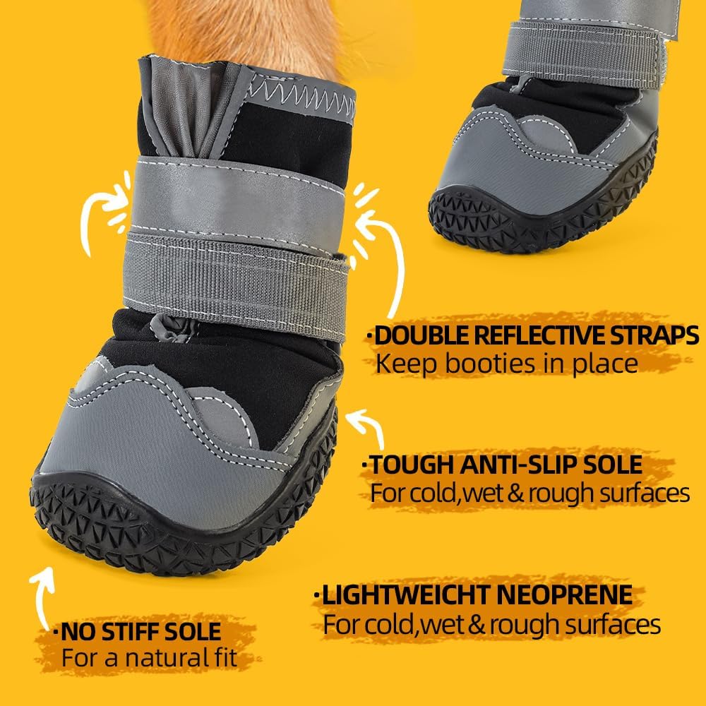 Dog Shoes for Large Dogs, Medium Dog Boots & Paw Protectors for Hardwood Floors, Outdoor Dog Booties for Hot Pavement Winter Snow Hiking, Waterproof Dog Shoes with Reflective Strips Size 4