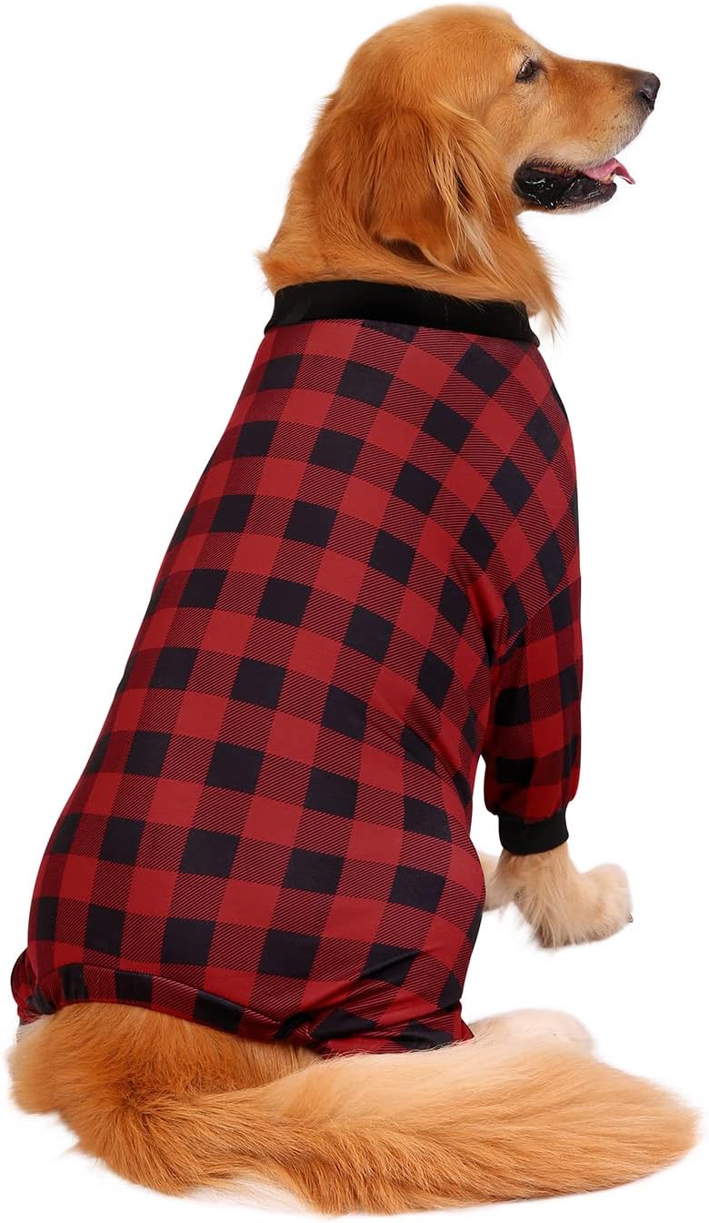 HDE Dog Pajamas One Piece Jammies Jumpsuit Pet Clothes Outfit Stretchy Lightweight Comfy Shirt Pjs for M-3XL Dogs Buffalo Plaid - XXL