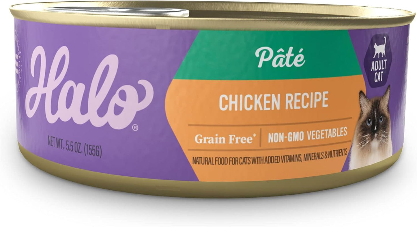 Halo Wet Cat Food Whole Chicken Recipe, Grain Free Wet Cat Pate, Canned Cat Food for Extra Hydration, 5.5 Oz Can (Pack of 12)