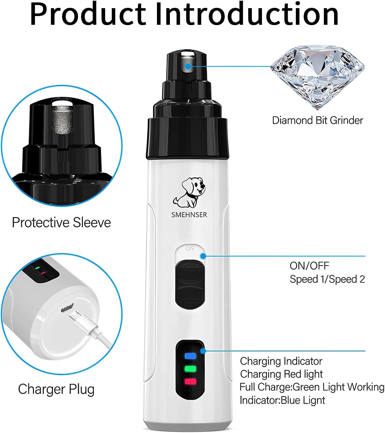 Electric Dog Nail Grinder - USB Rechargeable Electric Nail Trimmer with 3 Diamond Grinding Heads for Small to Large Dogs & Cats