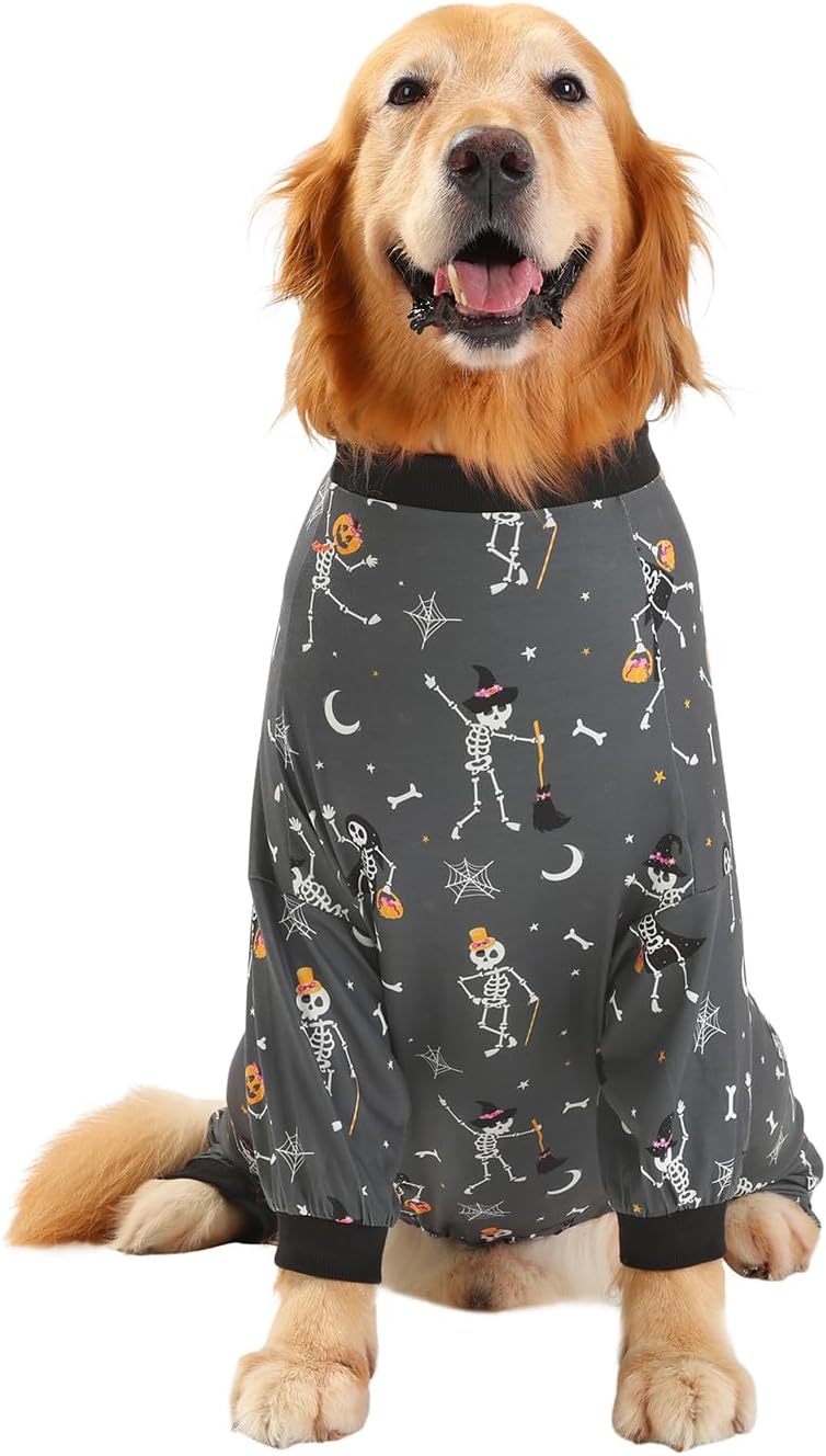 HDE Dog Pajamas One Piece Jumpsuit Lightweight Dog PJs Shirt for M-3XL Dogs Skeleton Bones - S