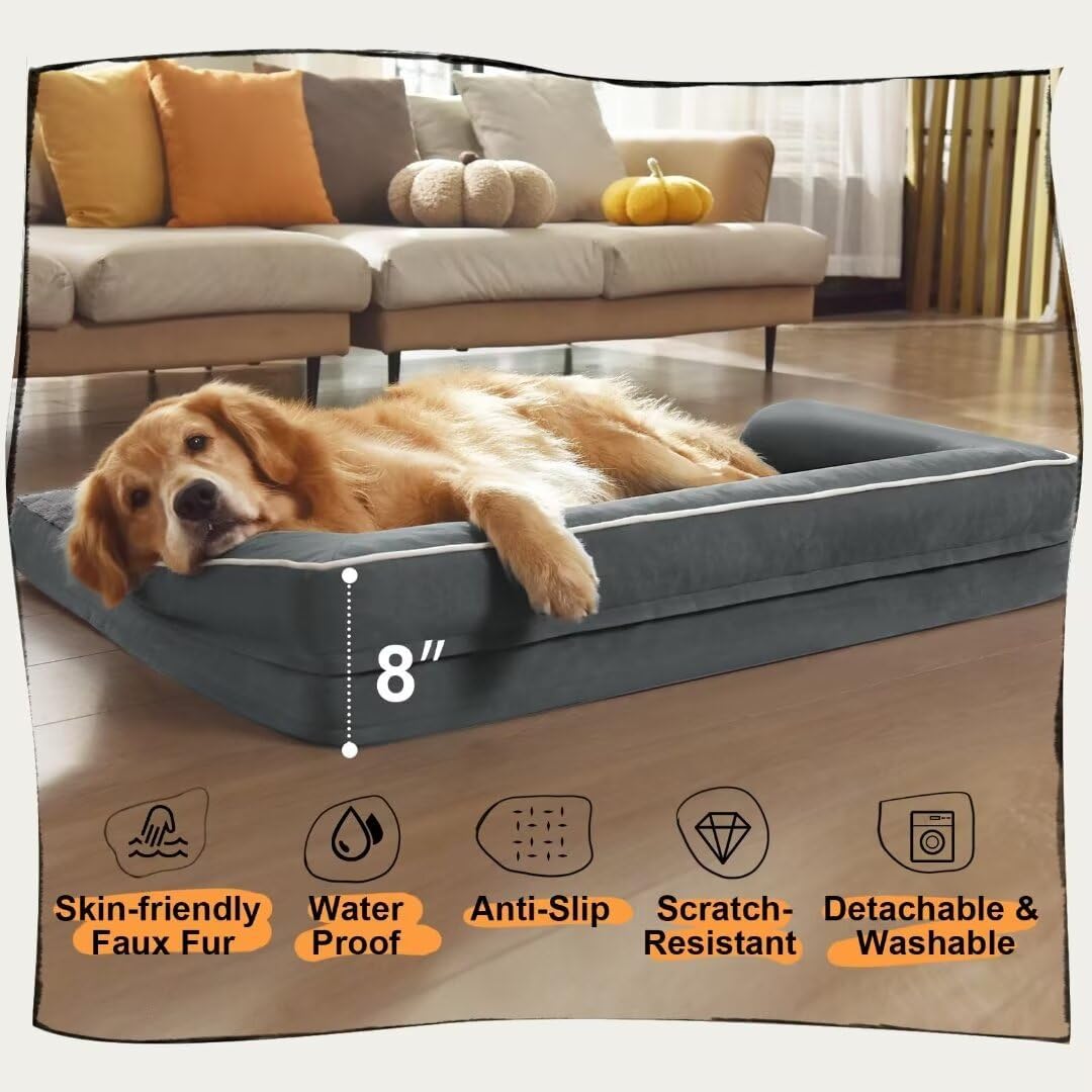 Large Dog Bed Orthopedic Washable - Memory Foam - XXL Large Big Dogs - Beds Bolster Pet - Couch Sofa - Waterproof with Removable Cover - Dark Grey Dog Bed