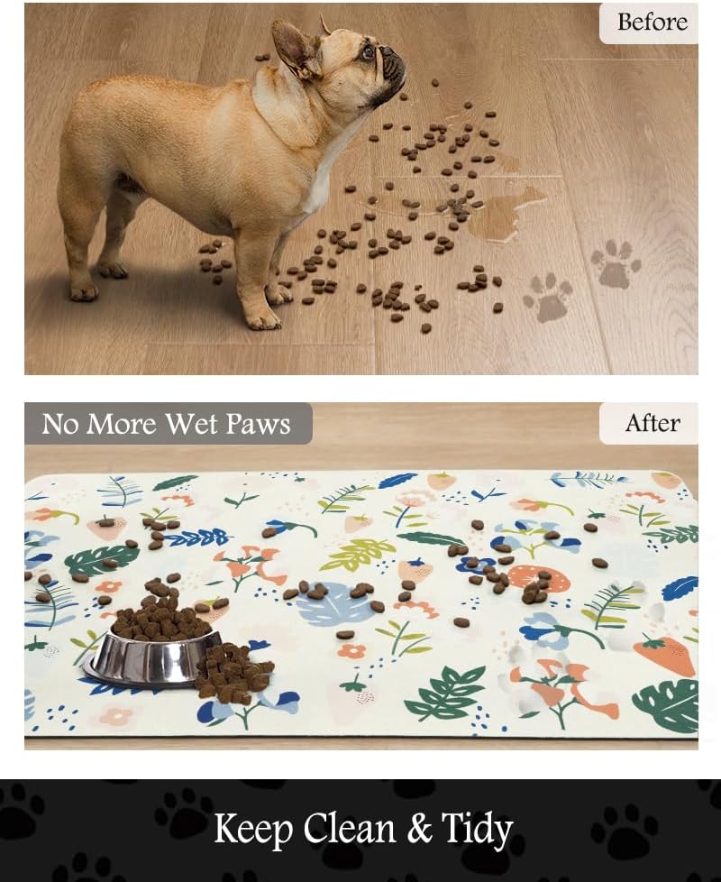 Pet Feeding Mat-Absorbent Dog Mat for Food and Water Bowl-No Stains Quick Dry Water Dispenser Mat-Dog Accessories Pet Supplies-Bowl for Messy Drinkers（LIGHTFLOWERS,16"x24"