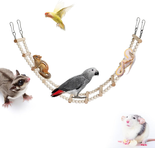 Long Bird Ladder with Wooden Rungs and Beads, Parakeet Climbing Swing Toys, Bird Cage Accessories, Wooden Climbing Bridge Toys for Parrots, Rat, Sugar Gliders, Squirrels, Snakes