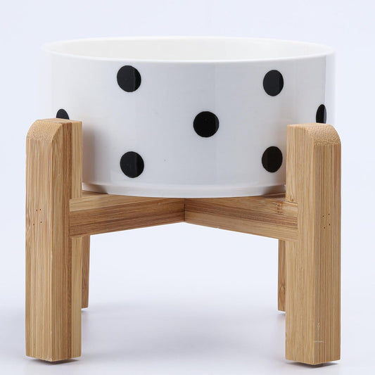 Petygooing 28 OZ Elevated/Raised Ceramic Dog Bowl for Small Medium Breeds, Dog Food Water Dish with Stand,Pet Bowl with Anti Slip Rubber for Cats Small and Medium Dogs (3.6 Cups) Black Dot