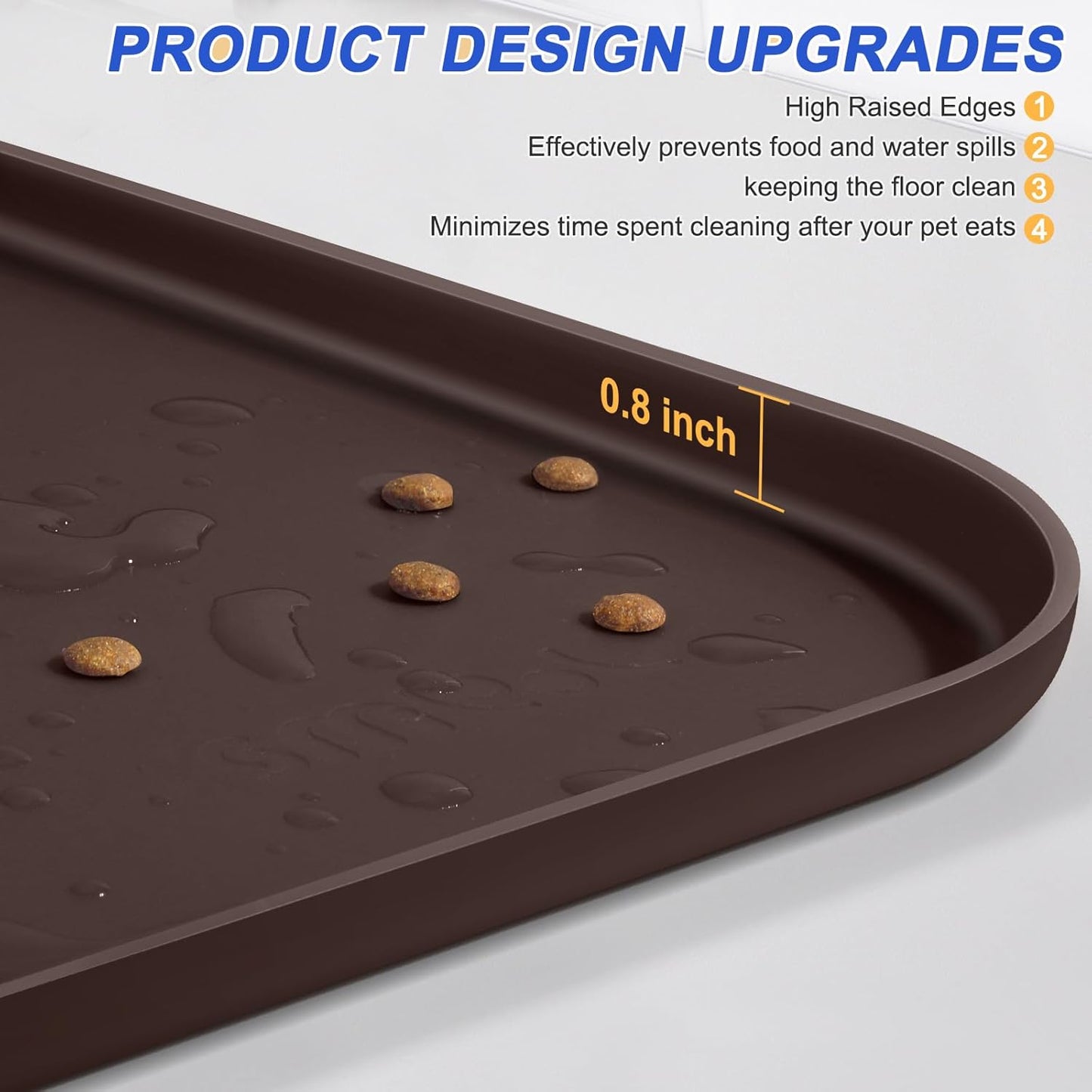 Silicone Pet Feeding Mat with Raised Edge for Food and Water, Dog Bowl Mats, Cat Bowls Placemat with High Lip for Floor Waterproof, Rubber Tray for Cats and Dogs 24 x 16 x0.8 Dark Brown