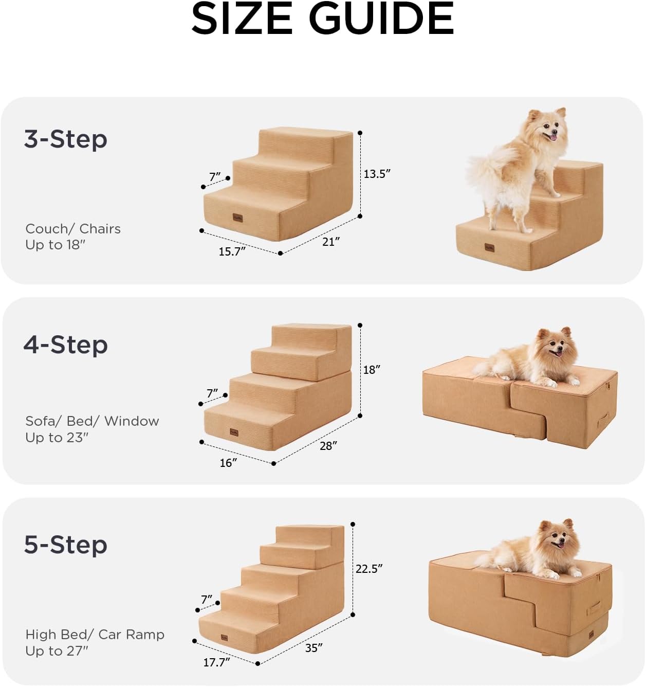 Made4Pets Dog Steps for Bed, Extra Wide Dog Stairs for High Bed Couch Sofa, 35D Foam Pet Steps for Small Dogs and Cats, Non-Slip Bottom Pet Stairs, Tan, 4 Steps