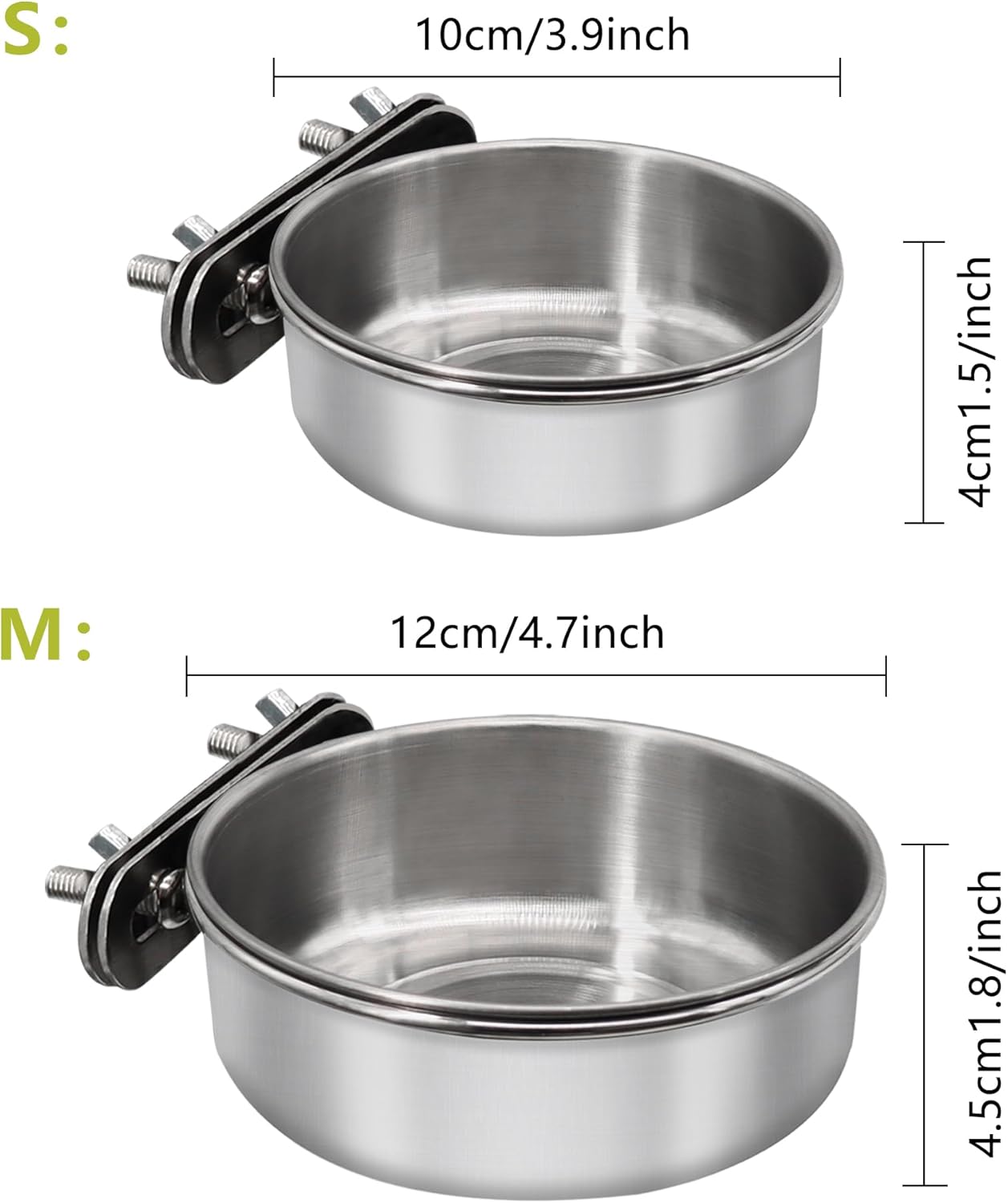 Small+Medium Bird Feeding Dish Cups,Parrot Food Bowl Cage with Clamp Holder Stainless Steel,Birdcage Coop Water Feeder for Cockatiel Parakeet Macaw Finches Lovebirds Small Animals (1 Pack, S+M)