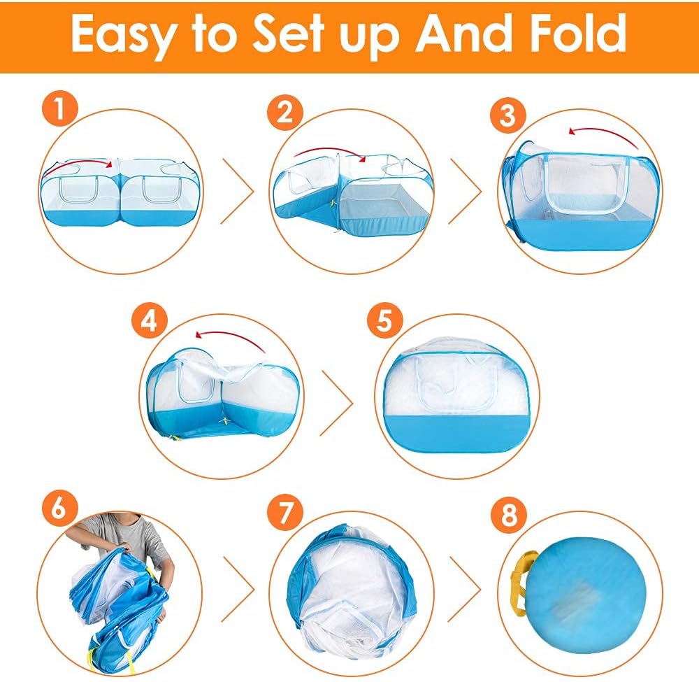 Lukovee Small Animals Playpen, Chicken Pen with Escape-Proof Detachable Bottom & 4 Zipper Doors, Breathable Foldable Portable Large Chicken Run Coop for Puppy Duck Kitten Rabbits Outdoor Yard (Blue)