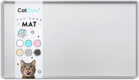 CatGuru Cat Food Mat, Small & Large Pet Feedingd Mat, 100% Waterproof Cat Mats for Food and Water, Silicone Mats for Pet Bowls, Non-Slip Placemat for Water Bowl or Fountain (Large, Silver)