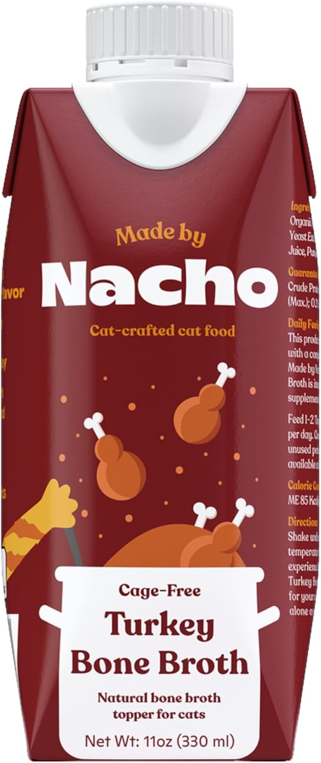 Made by Nacho Bone Broth Cat Food Topper for Hydration and Picky Eaters - Add Protein and Flavor to Your Dry Cat Food – Supports Optimal Nutrition, Digestion, Skin & Coat 11 oz. (Pack of 4), Turkey