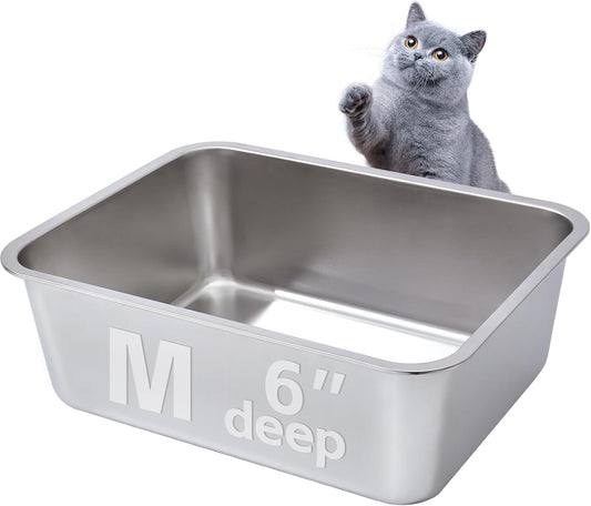 Stainless Steel Litter Box -6in High Side,Metal Litter Box for Cat/Kitty/Rabbits 17" L x 13.8" W x 6" H，Stainless Steel Cat LitterBox-Metal PanToilet,No Smell, Non Stick, Easy Clean.