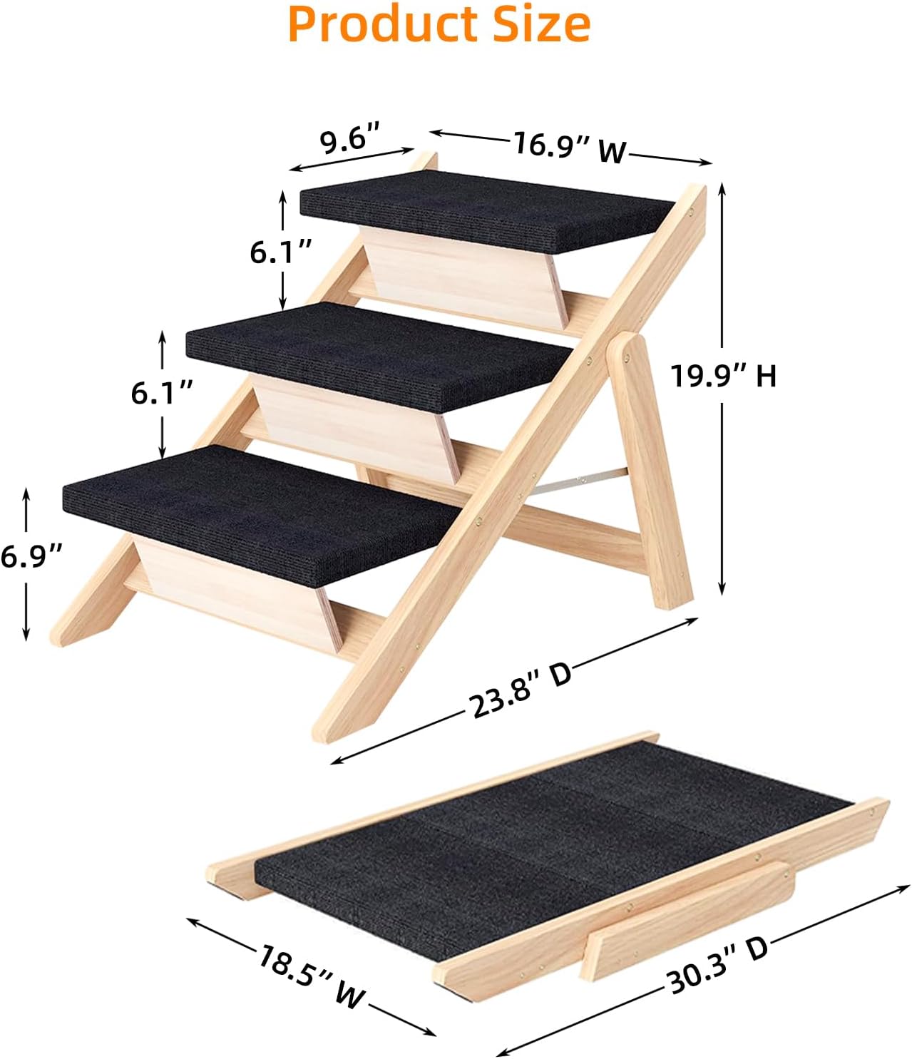 Dog Stairs/Ramp for Bed, Wooden Convertible Pet Steps, Portable Dog Ladder Up to 180 Pound for Elderly/Short-Legged Dogs, 3 Steps for Beds, Couch, Cars