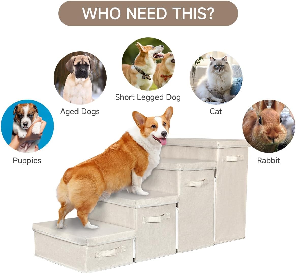 Dog Stairs with Storage, 4-Step Folding Pet Steps for Small Dogs and Cats, Pet Steps Storage with Zip, Pet Stairs for High Bed, Couch and Car Ramp (Beige, 4 Steps no Condo)
