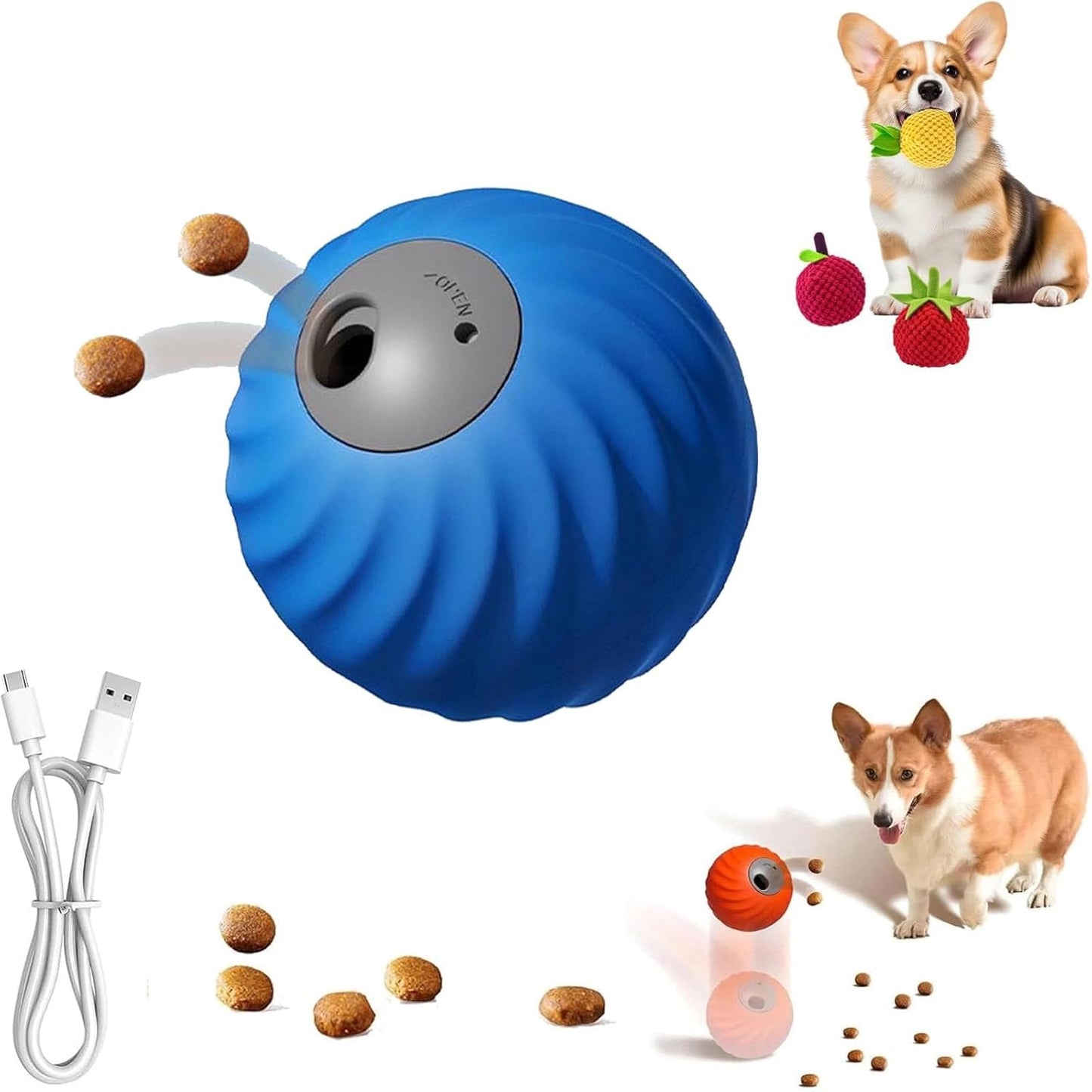 Zoomie Buddy 2.0, Zoomie Buddy for Dogs, 2 in 1 Smart Touch Interactive Dog Balls ＆ Pet Feeder, 2.83" Diameter, Suitable for Small/Medium Dogs, with Fruit Plush Cover (Blue, Only)